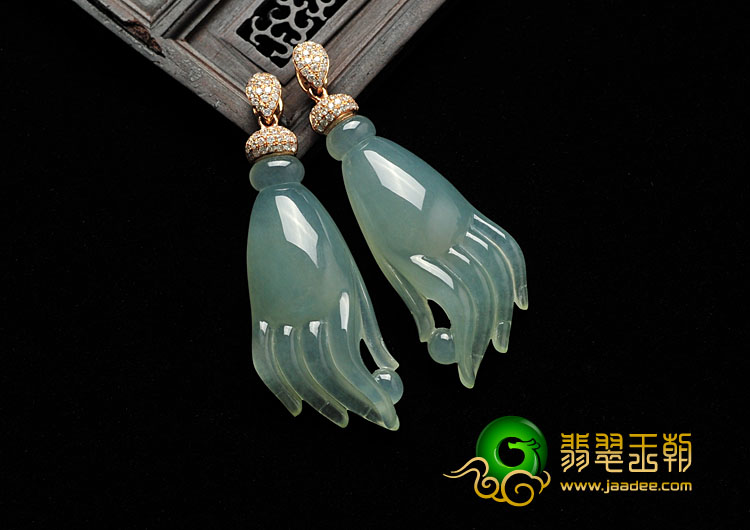 冰种晴水缅甸翡翠A货镶玫瑰金佛手胸坠（一对）（真钻）