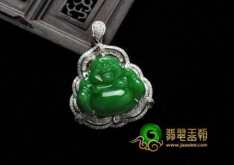 糯冰种正阳绿满绿缅甸翡翠A货镶白金玉佛胸坠（真钻）