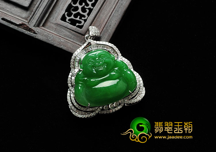 糯冰种正阳绿满绿缅甸翡翠A货镶白金玉佛胸坠（真钻）
