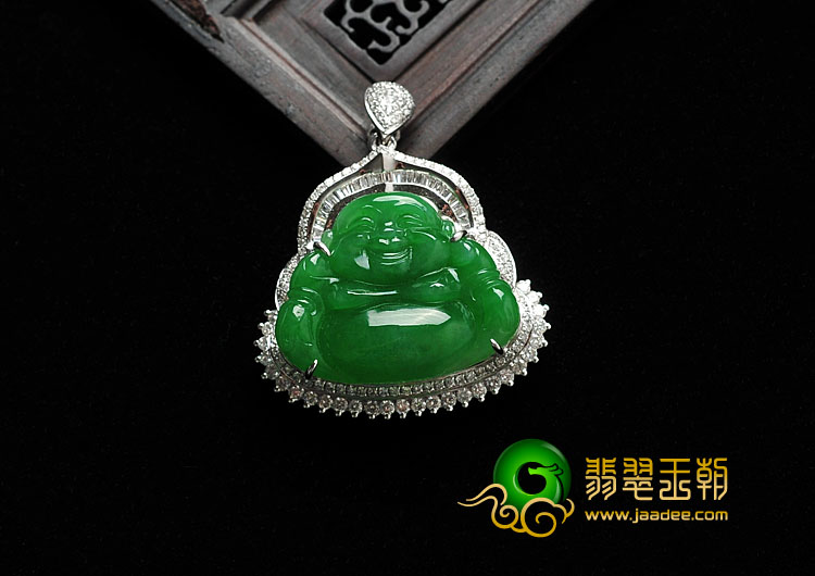 糯冰种正阳绿满绿缅甸翡翠A货镶白金玉佛胸坠（真钻）