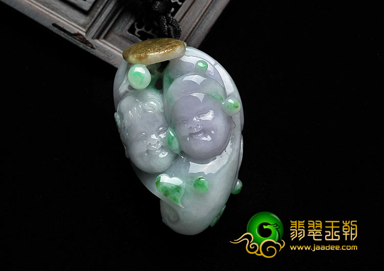 糯冰种三彩缅甸翡翠A货金童玉女挂件