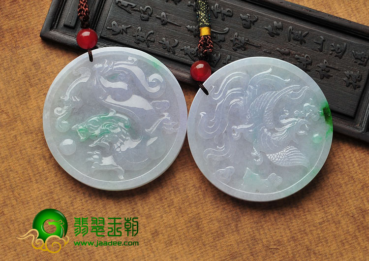 糯冰种春带彩缅甸翡翠A货吉祥如意龙凤牌挂件（一对）