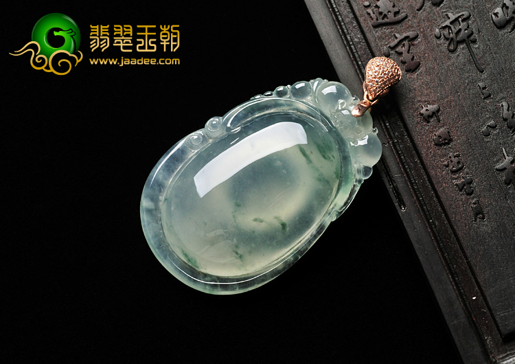 冰玻种飘花缅甸翡翠A货镶玫瑰金扣福在眼前挂件