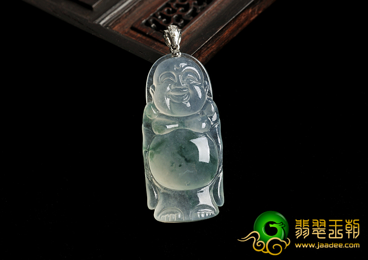 冰种飘花缅甸翡翠A货镶白金扣站佛挂件