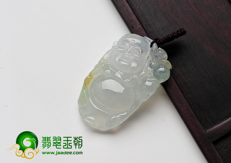 冰种晴水略带黄翡缅甸翡翠A货逍遥佛挂件