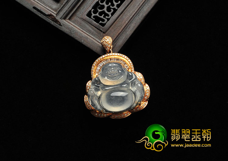 冰玻种缅甸翡翠A货镶玫瑰金玉佛胸坠（真钻）
