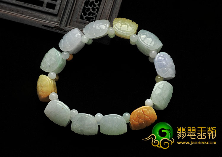 糯冰种三彩缅甸翡翠A货龟壳手链
