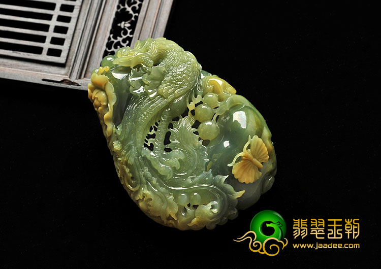 糯冰种晴水褐黄翡缅甸翡翠A货凤戏牡丹手玩件