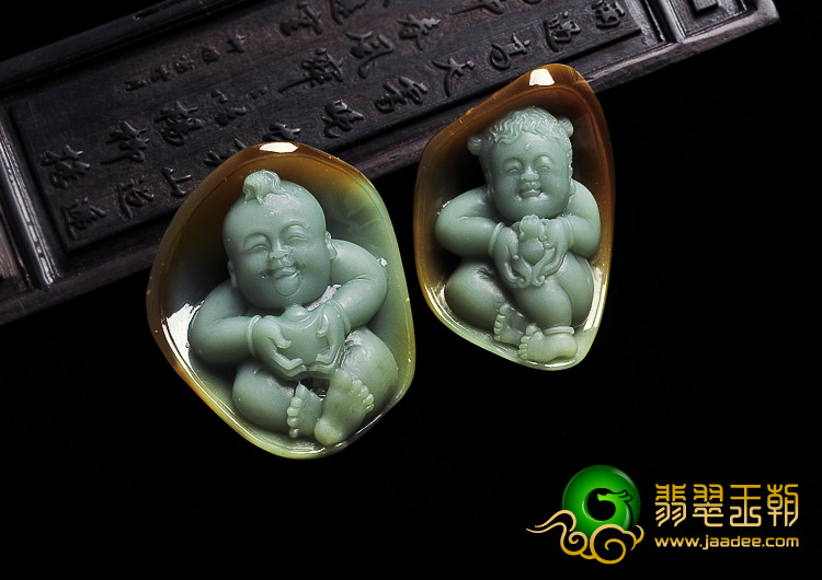 糯冰种褐黄翡缅甸翡翠A货金童玉女挂件（一对）