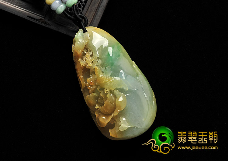 糯冰种黄加绿缅甸翡翠A货富贵花开挂件