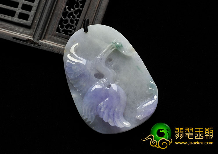 糯冰种紫罗兰飘花缅甸翡翠A货仙鹤挂件