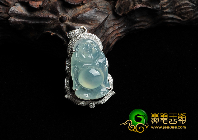 冰种晴水缅甸翡翠A货镶白金站佛胸坠（真钻）