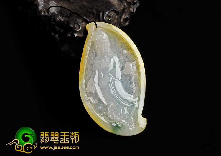 冰种黄翡飘花缅甸翡翠A货站观音挂件
