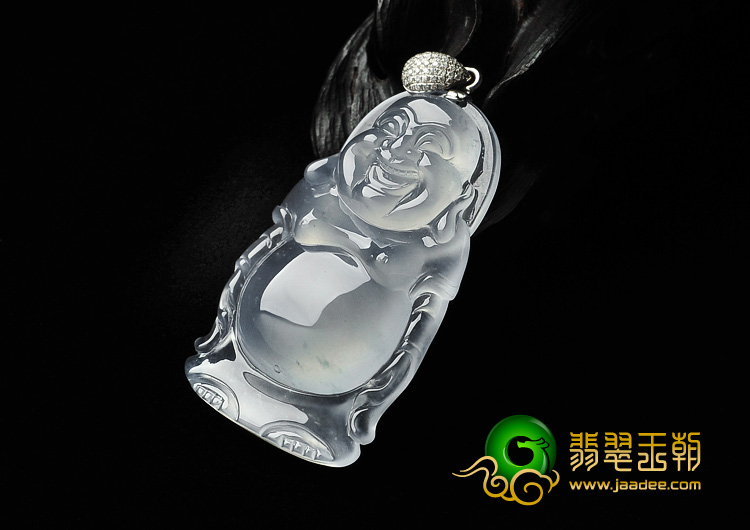 玻璃种略飘花强莹光缅甸翡翠A货镶白金扣站佛挂件