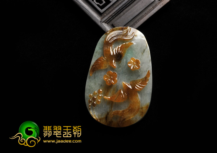 糯冰种褐黄翡缅甸翡翠A货双喜临门挂件