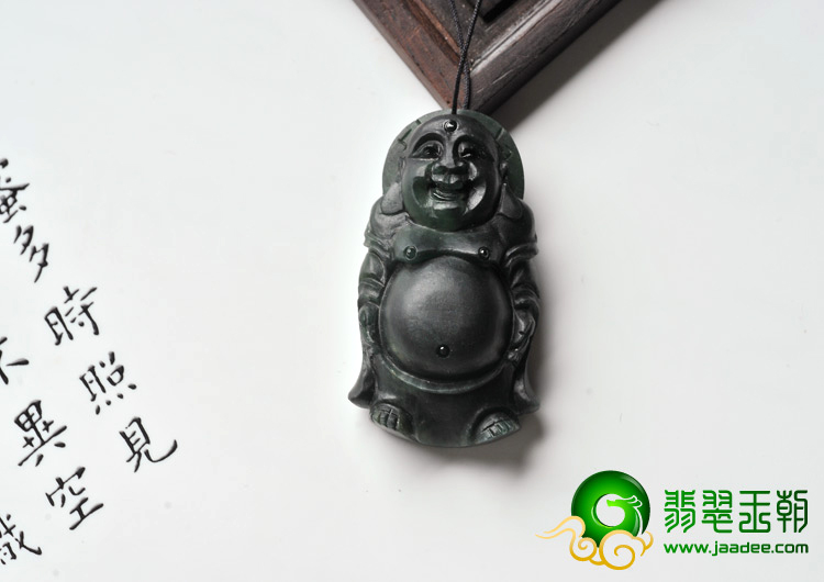 冰种墨翠缅甸翡翠A货站佛挂件