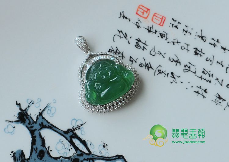 冰玻种深绿满绿缅甸翡翠镶白金玉佛挂件（真钻）