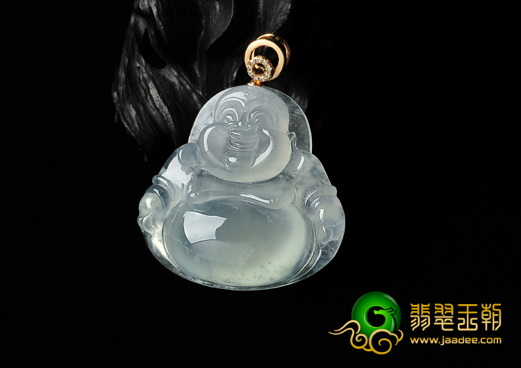 冰玻种晴水缅甸翡翠A货镶玫瑰金扣玉佛挂件（真钻）
