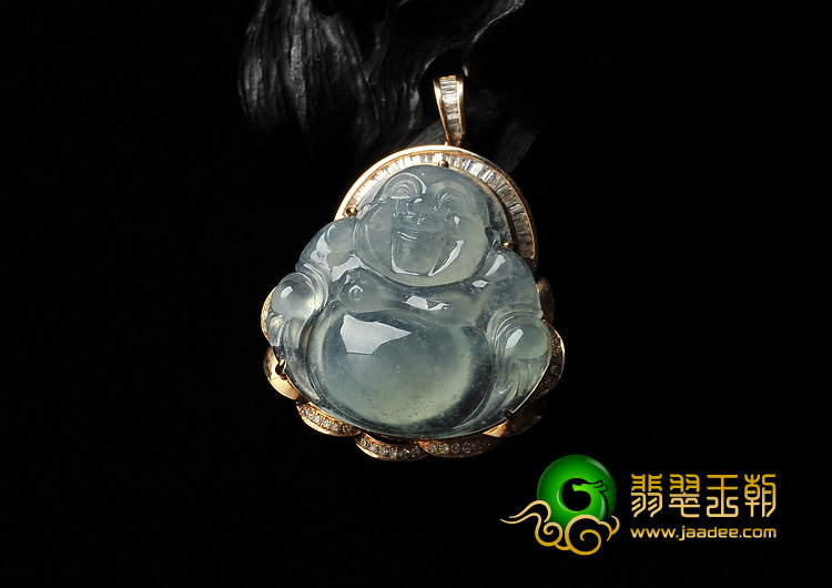 冰玻种晴水缅甸翡翠A货镶玫瑰金玉佛胸坠（真钻）