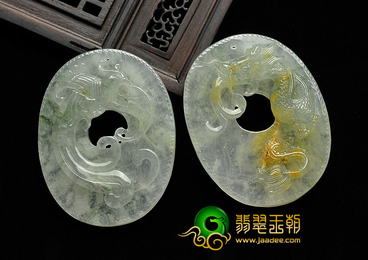 冰种飘黄翡缅甸翡翠A货龙凤佩挂件