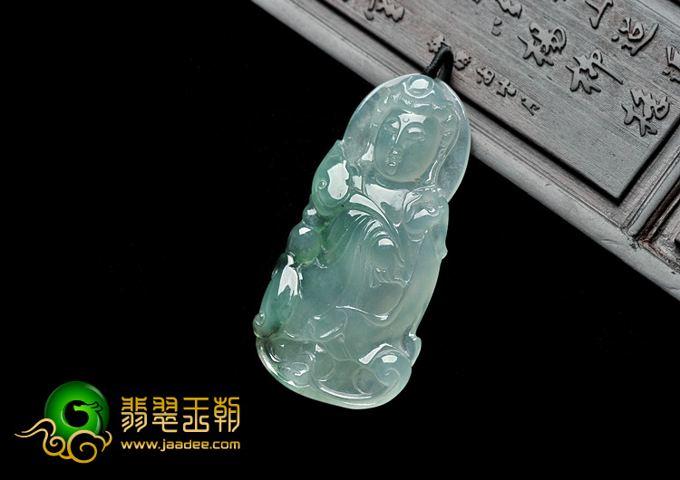 冰种飘花缅甸翡翠A货站观音挂件