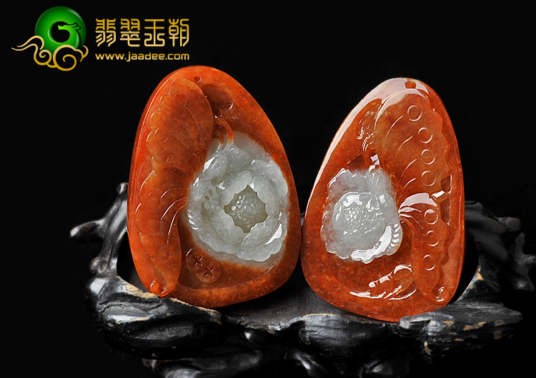 糯冰种红翡缅甸翡翠A货蝶恋花挂件（一对）