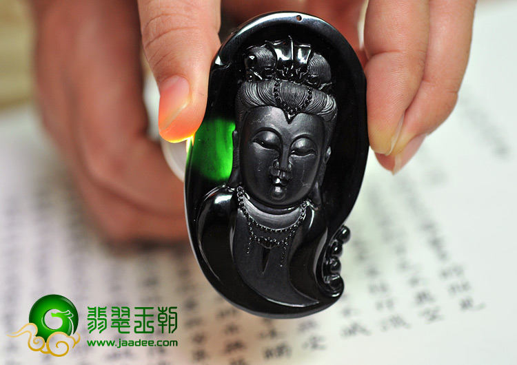 玻璃种墨翠缅甸翡翠A货观音头挂件
