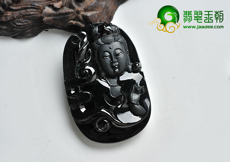 玻璃种墨翠缅甸翡翠A货观音头挂件