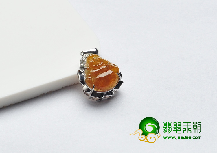 冰种黄翡缅甸翡翠A货镶银玉佛胸坠（水钻）