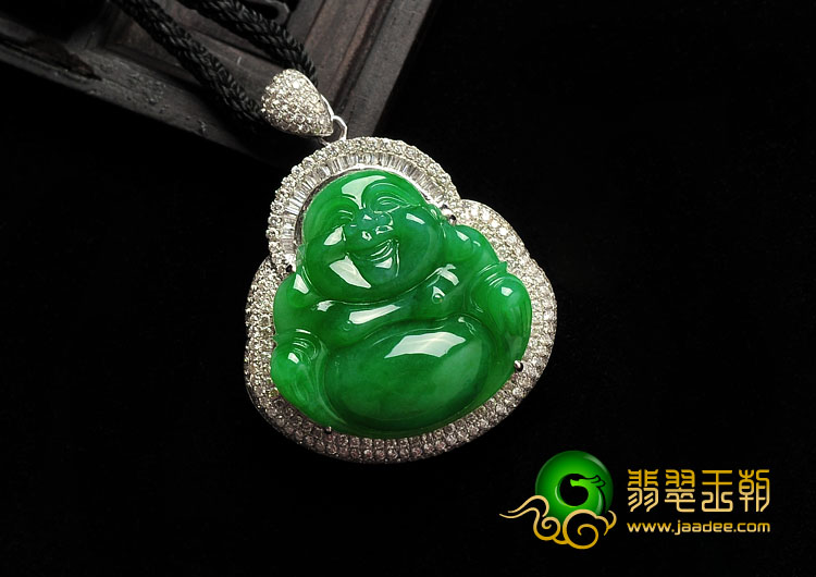 糯冰种阳绿满绿缅甸翡翠A货镶白金玉佛胸坠（真钻）