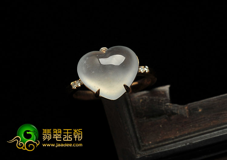 冰玻种缅甸翡翠A货镶玫瑰金心心相印戒指（真钻）