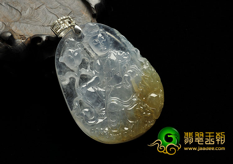 冰玻种黄翡缅甸翡翠A货坐莲观音挂件