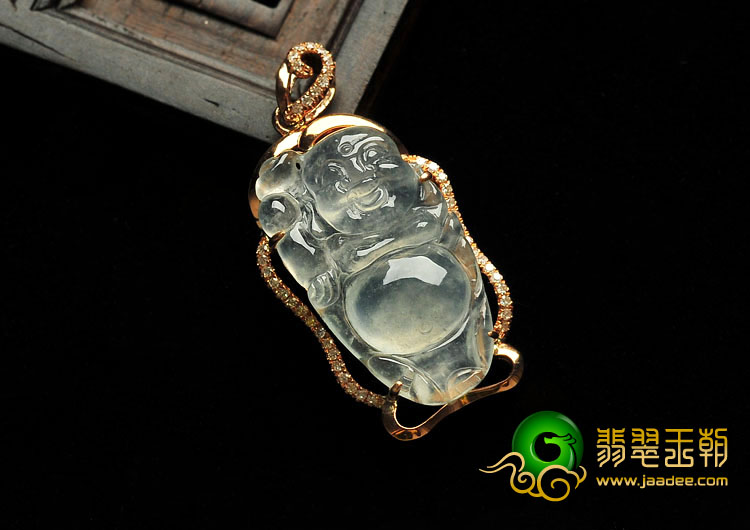 (超值推荐)冰玻种缅甸翡翠A货镶玫瑰金逍遥佛胸坠（真钻）