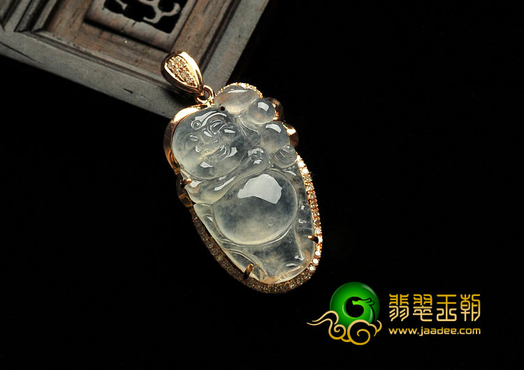 (超值推荐)冰玻种缅甸翡翠A货镶玫瑰金逍遥佛胸坠（真钻）