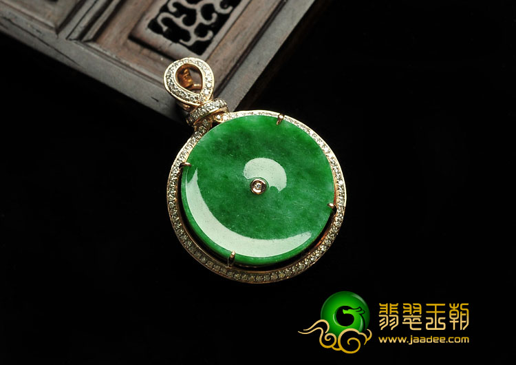 糯冰种阳绿满绿缅甸翡翠A货镶玫瑰金平安扣胸坠（真钻）