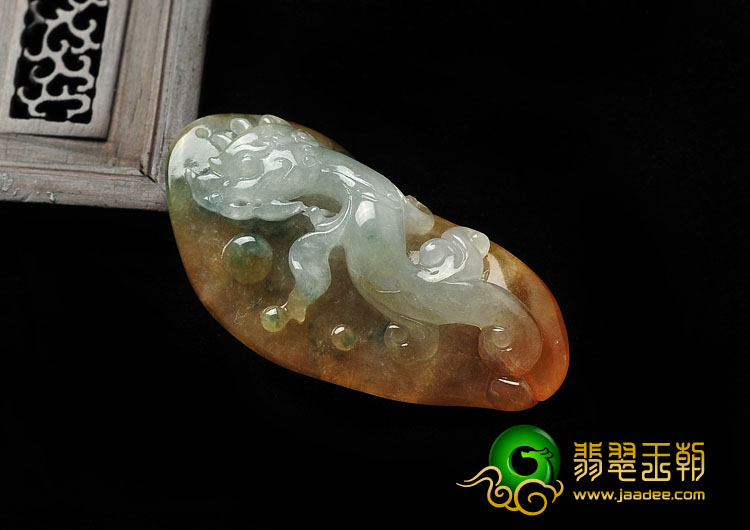 糯冰种黄翡飘花缅甸翡翠A货龙凤呈祥挂件