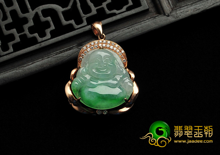 冰种飘翠缅甸翡翠A货镶玫瑰金玉佛胸坠（真钻）