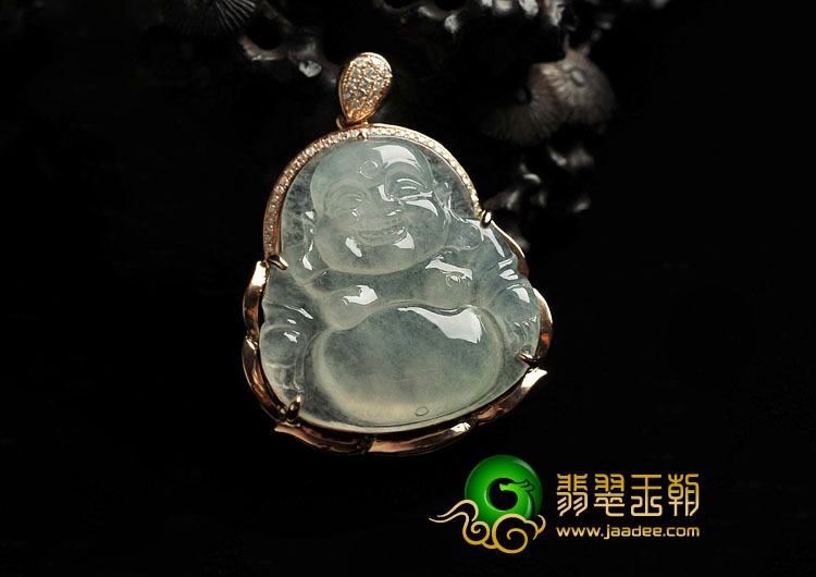 冰种略飘花缅甸翡翠A货镶玫瑰金玉佛胸坠（真钻）