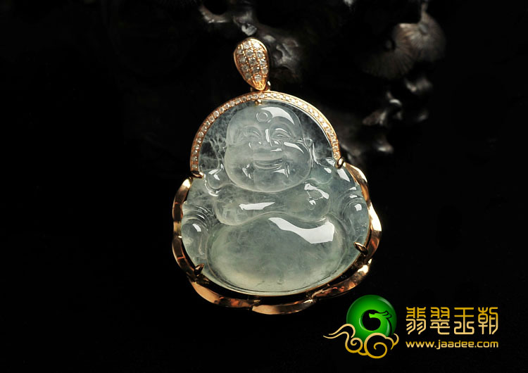 冰种略飘花缅甸翡翠A货镶玫瑰金玉佛胸坠（真钻）