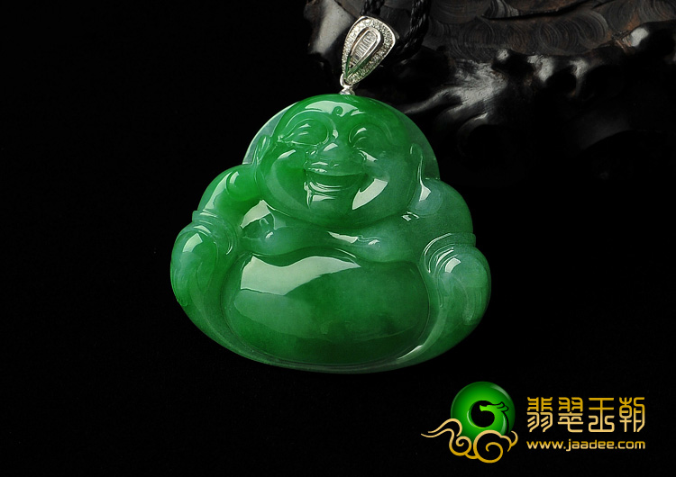 糯冰种正阳绿缅甸翡翠A货镶金扣玉佛挂件（真钻）