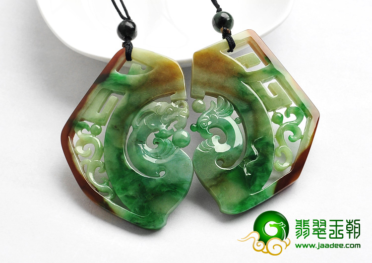 糯冰种三彩缅甸翡翠A货仿古龙凤呈祥挂件（一对）