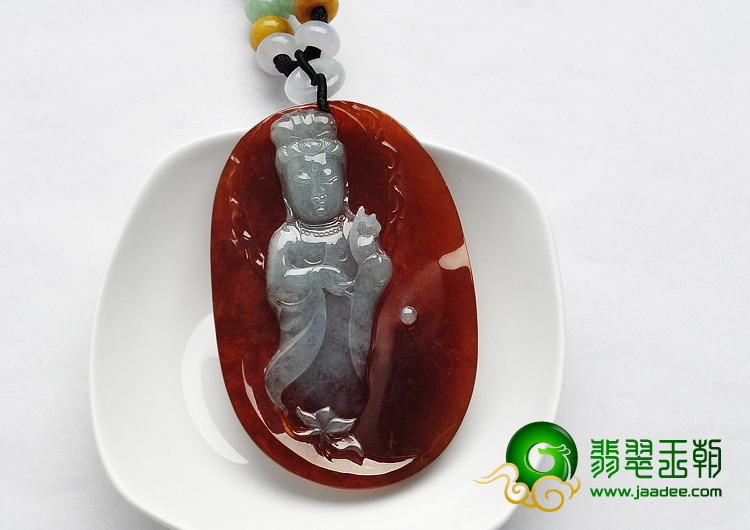 冰种红翡缅甸翡翠A货红底白观音挂件