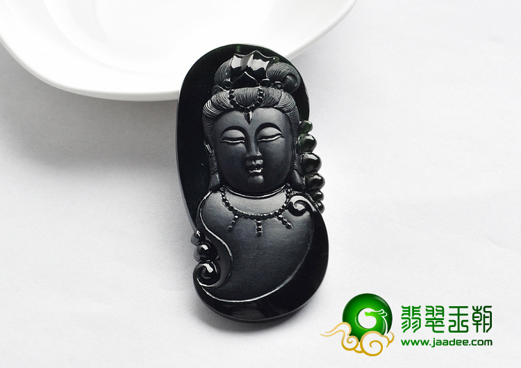 冰玻种墨翠缅甸翡翠A货观音头挂件