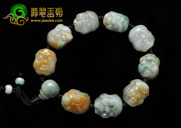 糯冰种红黄翡飘花缅甸翡翠A货罗汉头手玩链