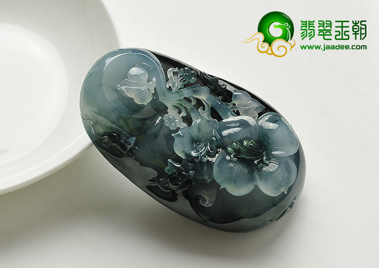 糯冰种蓝晴水飘花缅甸翡翠A货富贵花开手玩件/挂件
