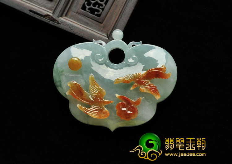 糯冰种红黄翡飘花缅甸翡翠A货双喜如意挂件