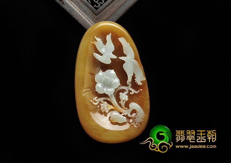 糯冰种褐黄翡缅甸翡翠A货比翼双飞挂件