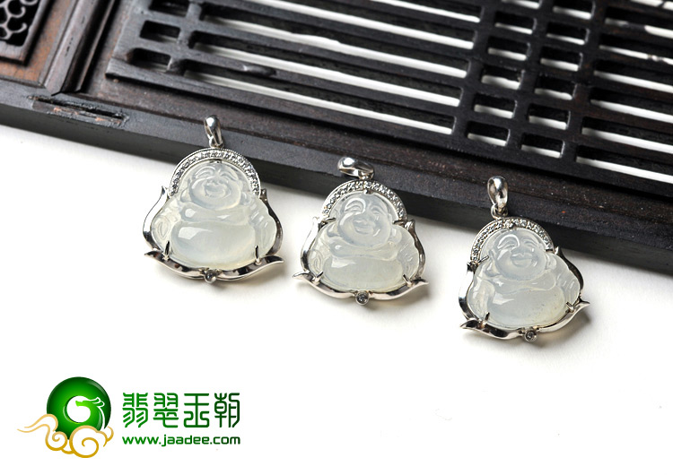 冰玻种缅甸翡翠A货镶白金玉佛胸坠（水钻）（单价）