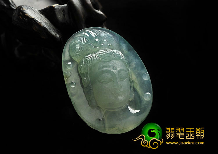 冰玻种略飘花缅甸翡翠A货观音头挂件