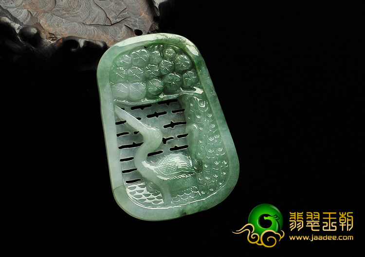 糯冰种飘花缅甸翡翠A货松鹤延年挂件